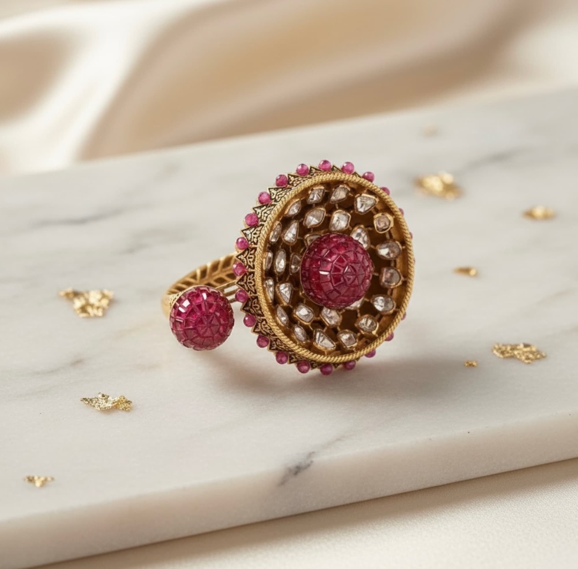 A ruby and gold cocktail ring on marble