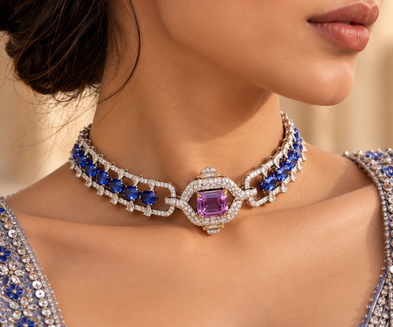 The complete blue and violet necklace photographed on a model