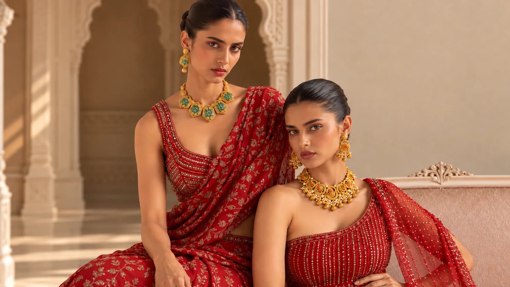 Two models in red ensembles wearing necklaces and matching earrings