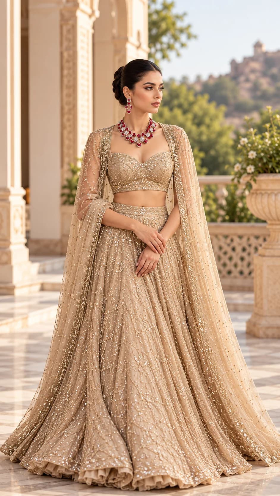 Model in a pale ensemble wearing Manish Jewellers jewellery