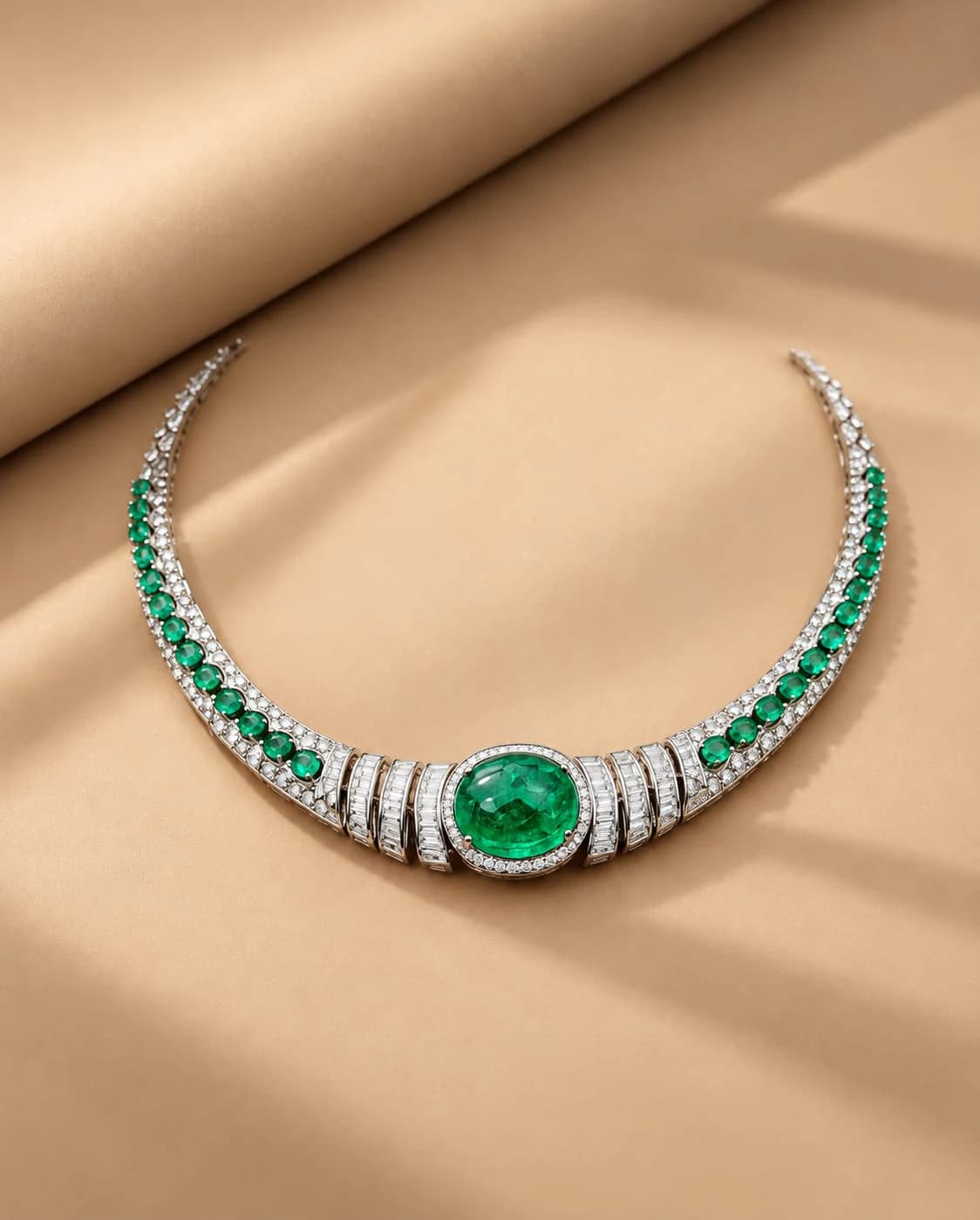 Green oval centrepiece necklace with green and white accents on a warm beige set