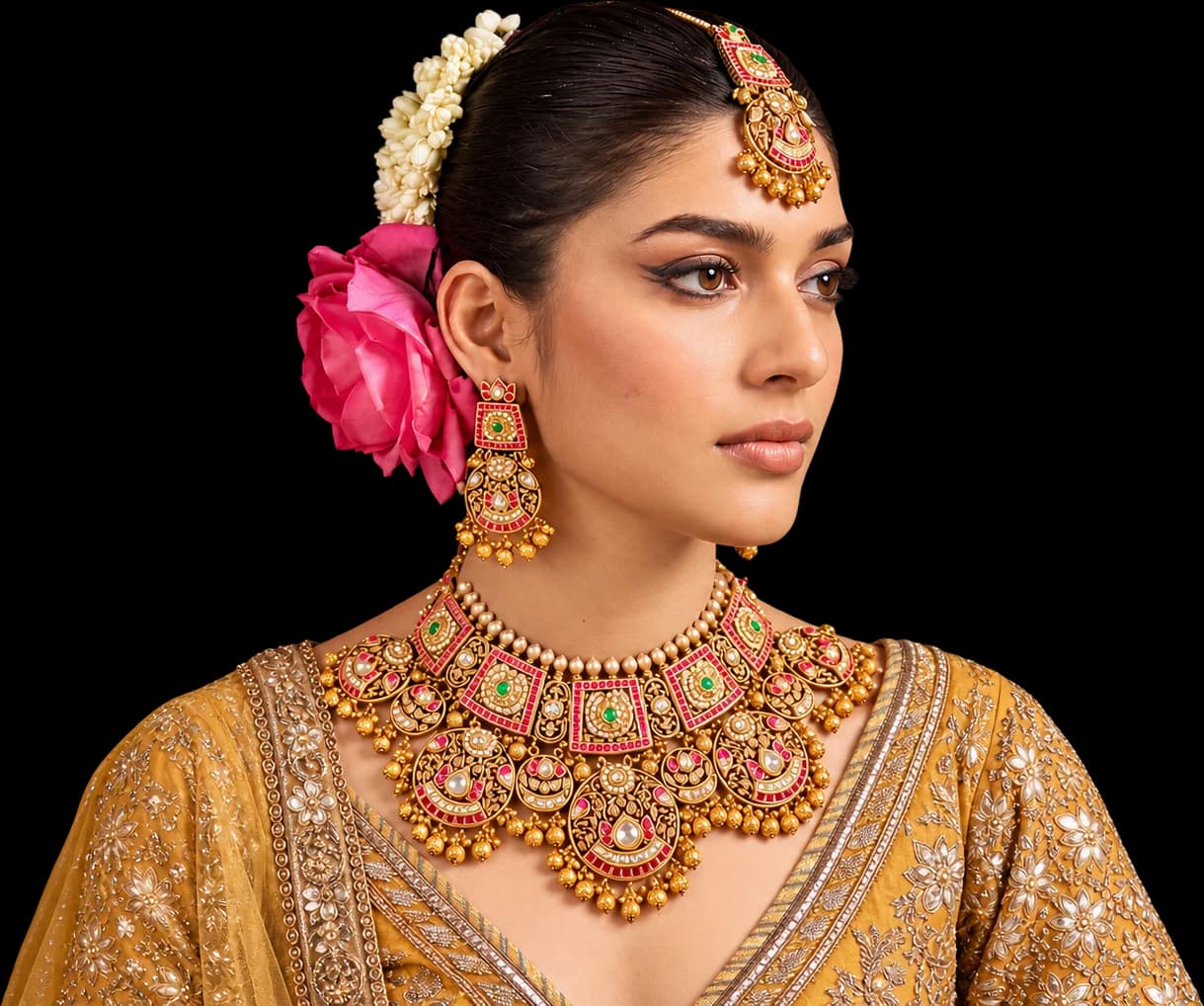 A model wearing an ornate necklace, drop earrings and a forehead ornament with red and green accents